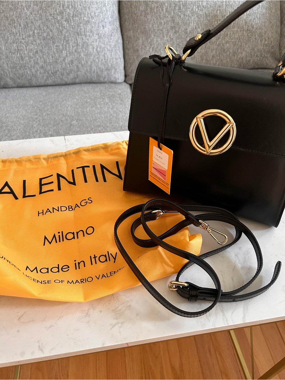 Valentino Black Leather Shoulder Bag with Gold V Medallion
